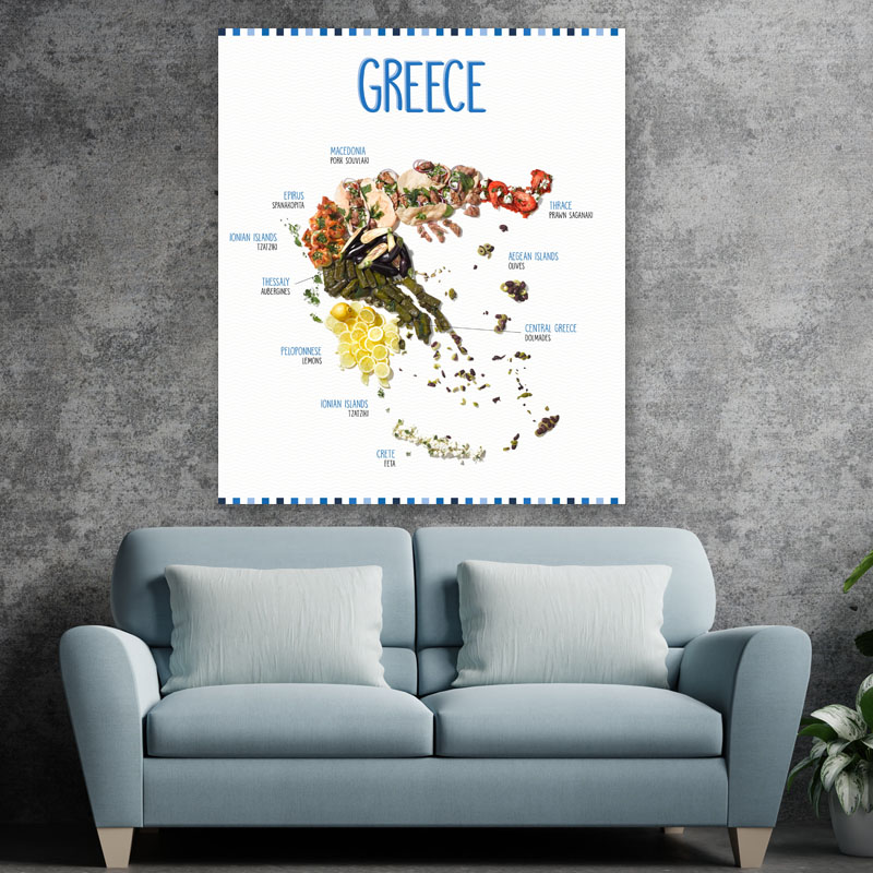 Πίνακας σε καμβά Χάρτης Ελλάδα με Φαγητά